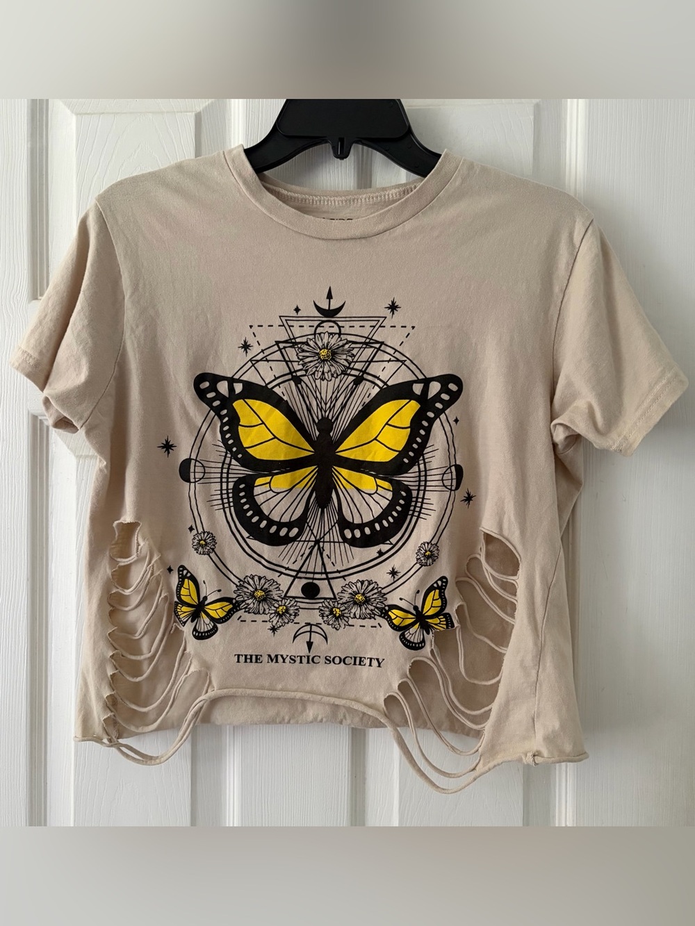 On Fire Beige Crop Tee with Yellow & Black Butterfly Graphic